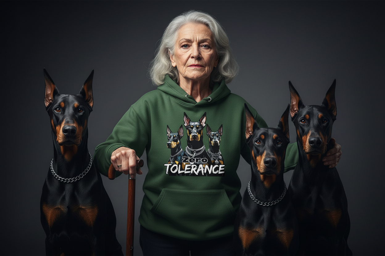 elderly-woman-with-zero-tolerance-hoodie-and-dobermans